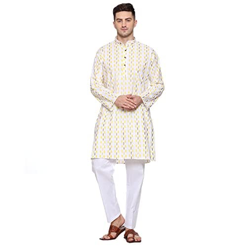 ITOS365 Men Cotton Printed Kurta Pyjama Pajama Set Party Fashion Regular Ethinic Wear Indian Dress Gift for Men White Yellow Gifts Items XL