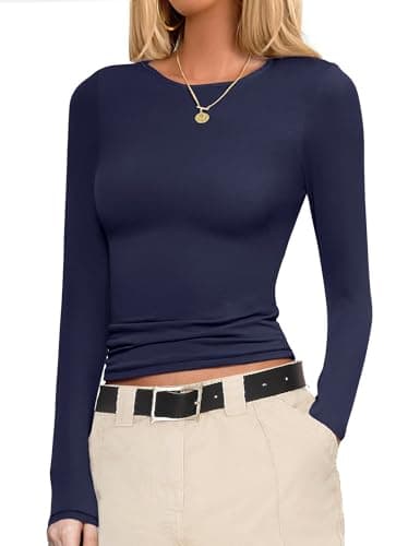 Ekouaer Womens Long Sleeve Shirts Fitted Tops Stretchy Base Layer Basic Tight Thermal Undershirt Navy Blue M