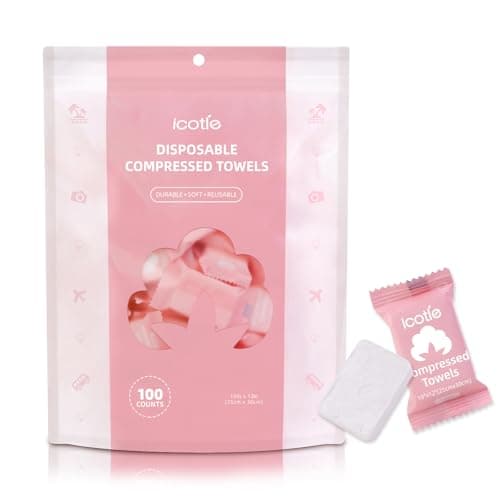 ICOTLE Compressed Towel 100 Pcs, Lint-Free，Disposable Compressed Face Towels, 10×12 Inch,Portable Cotton Coin Tissues for Travel, Home, Camping & Outdoor Activities