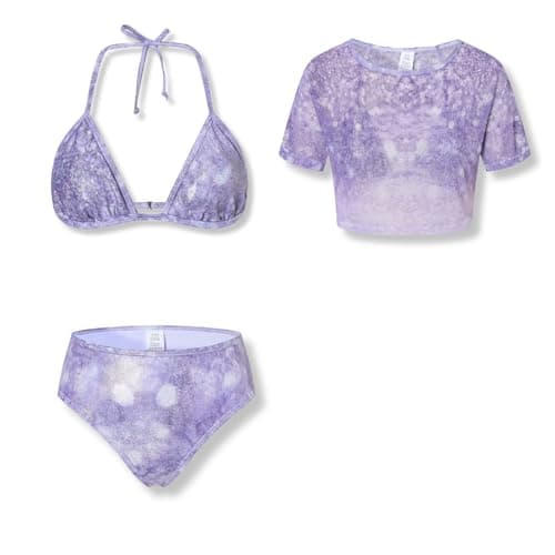 Girls 3 Piece Swimsuit, Purple Tie Dye Glitter Halter Bikini Set with Mesh Short Sleeve Cover Up, Tween to Teen Girls High Waisted Swimwear for Beach Pool Vacation, 9-10 Years Old(9-10Y)