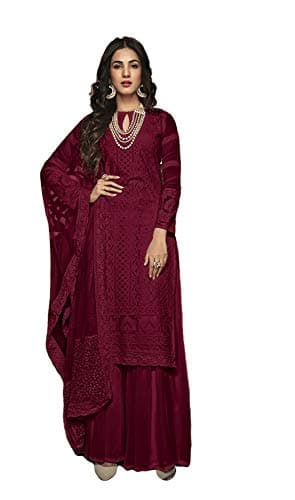 shopNstyle Ready to Wear Women's Indian/Pakistani Style Wedding Wear Designer Palazzo Straight Salwar Suit for Womens (Maroon, M)