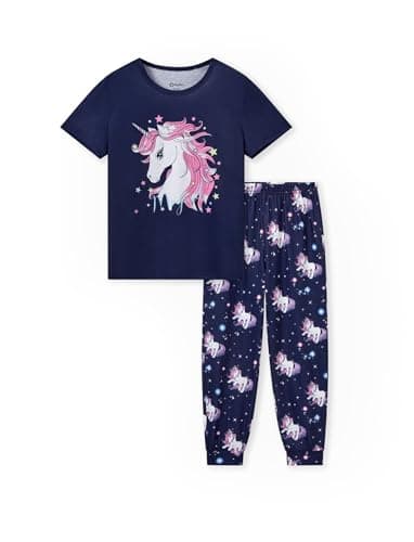 PATPAT Girls Sleepwear Pjs Cozy Graphic Pajamas Sets Soft Short Sleeve T-shirts and Pants 2-Piece Nightwear Matching Set Navy Unicorn 7 Year