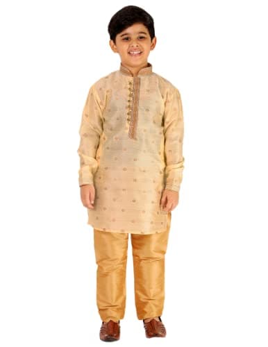 Pro-Ethic Style Developer Boy's Silk Kurta Sets | Jaquard | Kids Ethnic Wear Self Design (S-174 | Gold,15-16 Years)