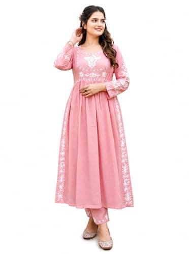 FULPARI Women's Pink Embroidered Kurta Set with Pants, Viscose Rayon, Long Sleeve, White Floral Embroidery, Side Slit Anarkali Style (US, Alpha, XX-Large, Regular, Regular, Pink)