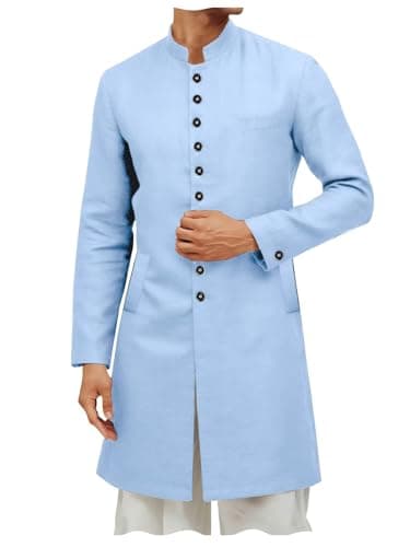 ONAXTDA Men's Casual Long Attire Ethnic Festive Party Stand Collar Cotton Linen Lightweight Kurta Sherwani Coats Kaftan Light Blue XS
