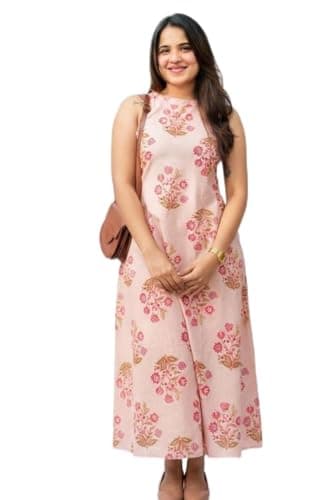 KANESKA Women's Floral Print Sleeveless Rayon Kurta A-Line with Plazo Dress (Pink) (US, Alpha, X-Large, XX-Large, Regular, Regular, Cream)