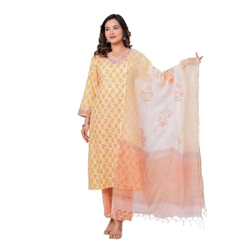 BLOCK AND BLOOM Women Cotton Kurta Pant Set with Kota Doria Dupatta – Yellow Floral Printed Straight Kurti Set, Indian Ethnic Wear Salwar Suit Set for Women Daily Wear – Medium