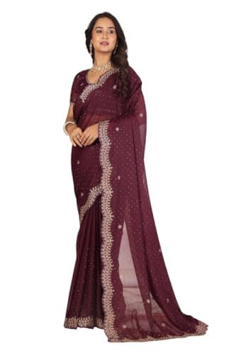 VENSHIYA Women's Georgette Saree | Heavy Gold Embroidery Border & Crystal Stone Work | Wedding Reception Party Wear Saree with Unstitched Blouse Piece (Maroon)