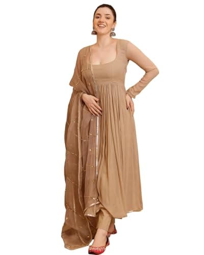 ONPEAK Stylish Festive Kurti Set for Women with Dupatta and Embroidered Neck Ideal for Indian Functions (US, Alpha, Medium, Regular, Regular, Chikoo)