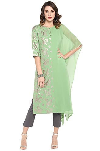 Janasya Indian Women's Green Foil Print Casual Wear Kurta for Women