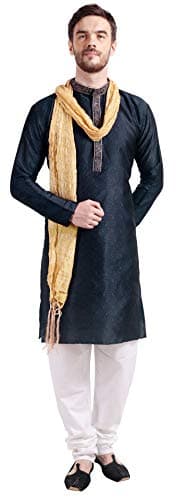 Maple Clothing Poly Silk Men's Kurta Pajama with Scarf Wedding Party Wear (Black, S)