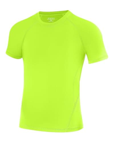Runhit Boys Compression Shirt Short Sleeve Youth Football Basketball Undershirt Kids Athletic Quick Dry Base Layer T-Shirt Neon Yellow L