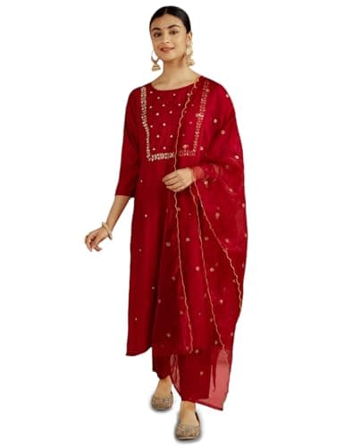 Kaari Roman Silk Womens Kurta Set (KAAAW24WSKD-72002_Mysore Ruby Red_M)