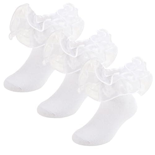 MKYSZLT Girls Ruffle Socks Toddler Girl Lace Frilly Dress Socks Cute Church Pageant Sock with Big Ruffles for Baby Little Kid (US, Age, 1 Year, 3 Years, white - 3 pairs)