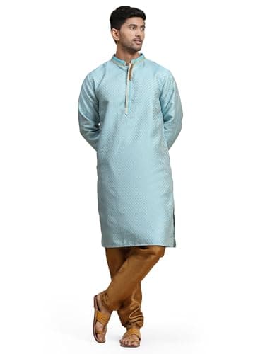 SKAVIJ Men's Brocade Silk Embroidered Kurta Pajama Set Thread Work Festive Party Ethnic Dress (KP057turquoise_Turquoise_S)