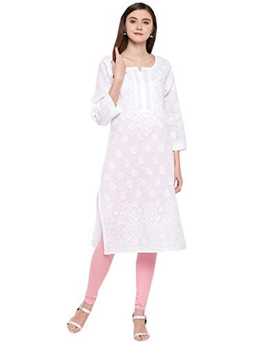 Ada Indian Hand Embroidered Chikankari White Cotton Kurta Kurti Tunic for Women A220999 (2XL)