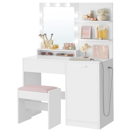 VASAGLE Vanity Desk with Mirro...edroom, Cloud White URDT128W01