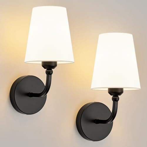 Kvhiiw Modern Bathroom Vanity Light, Matte Black Bathroom Light Fixtures, Set of 2 Lighting Fixtures Over Mirror, Modern Wall Sconce with Flared White Fabric Shade, E26 Socket(ETL Listed)