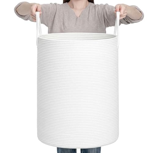 CLHMILY&Z Laundry Hamper Round Storage Rope Basket in Living Room, Bedroom, Laundry Room for Toy, Clothes, Blanket, Pillow (White, 80L)