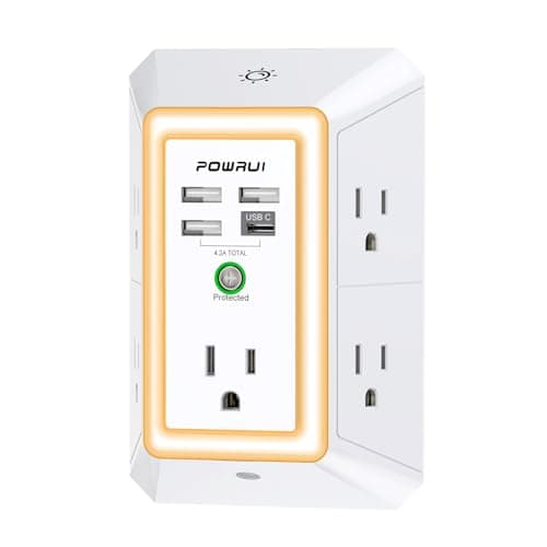 3-Sided Outlet Extender with Night Light - POWRUI Multi Plug Outlet with 5 Outlets and 4 USB Ports(1 USB-C), USB Wall Charger for Home, Office, Travel, ETL Listed, White