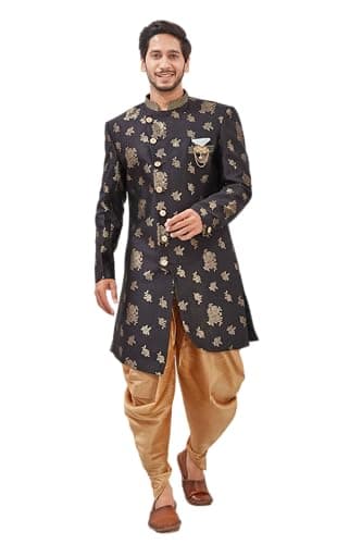 Shreyanvi Indian Designer Wedding Festive Wear Jacquard Fabric Indo-Western Sherwani Pajama Set For Men