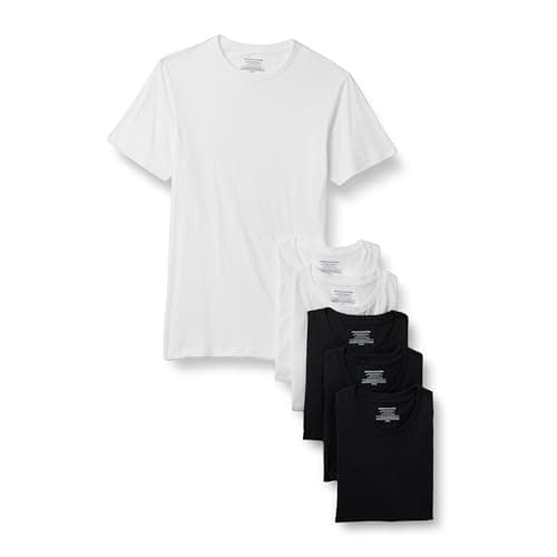 Amazon Essentials Mens' Slim Fit Cotton Crew Neck Undershirts, Black/White Short Sleeve, Large