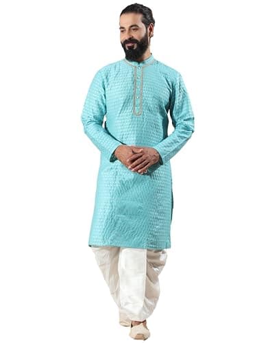 Filori Studio - Men's Traditional Motif Self Woven Design with Lace Detailing Long Kurta (Kurta Only) Aqua