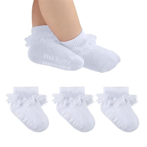 MKYSZLT Baby Girl Ruffle Socks with Grips Turn Cuff Ankle Lace Frilly Dress Socks for Newborn/Infant/Toddler/Little Kids (US, Age, 6 Months, 12 Months, 3 pairs - white)