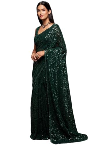 Indya Deep Green Sequin Thread Embroidered Georgette Saree Set | Perfect for Party Wear