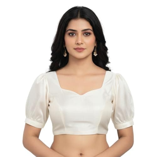 ANANYA FASHION & CRAFTS HUB Dupion Stylish Readymade Puffed Sleeve Sweetheart Neck Blouse for Women Sarees & Lehengas Paded White