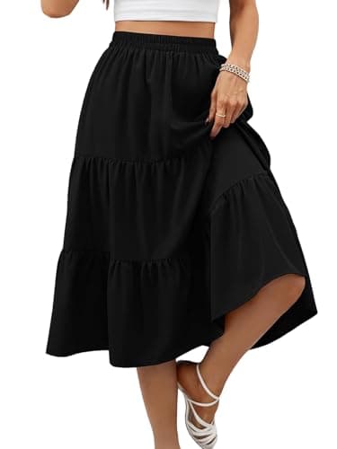 Lyrur Skirts for Women Elastic Waist Aline Tiered Ruffle Casual Beach Summer Midi Black Skirt with Pockets(S,9193-Black) $7.45