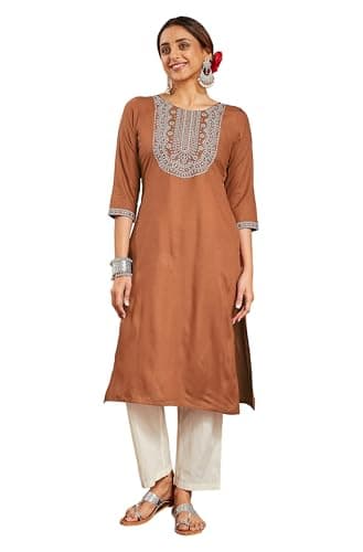 Janasya Indian Women's Rayon Brown Embroidered Festive Wear Kurta for Women
