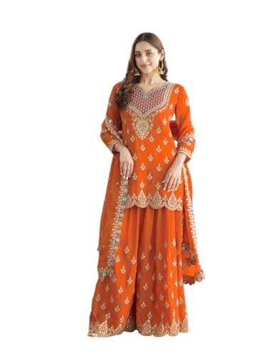 FABMIAMI Indian Woman's New Looks Traditional Wear Airtex Chinon salwar kameez suit Ready to Wear Dress, Dupatta FM-99 (US, Numeric, 46, Regular, Regular, Orange)