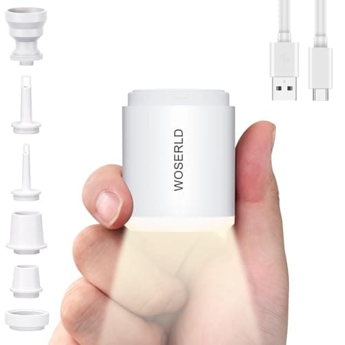 WOSERLD Portable Air Pump for Inflatables, Ultra-Mini Air Mattress Pump 1400mAh Battery & Camping Light Electric Air Pump Inflator Deflate Air Mattress, Vacuum Storage Bags, Pool Floats (Glossy White)