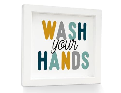 Mtrgdn Kids Bathroom Decor Wall Art, Wash Your Hands Colorful Boys and Girls Bathroom Decor, Toddler Bathroom Decor Wood Framed Art, Small Kids Bathroom Accessories Wall Decor,7x7 Inch