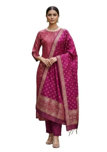 Indya Pink Jacquard Silk Blended Straight Kurta Set for Festive | 3/4 Sleeve | Crew Neck | Indian Ethnic Wear