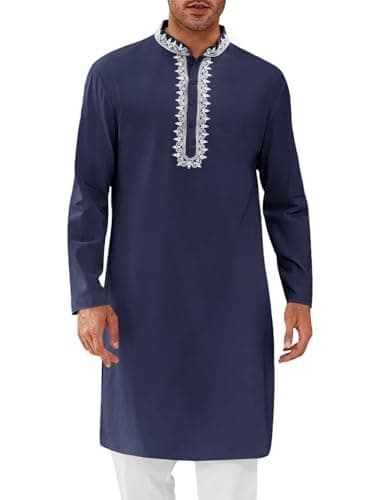 Runcati Mens Kaftan Thobe Cotton Henley Shirt Long Sleeve Embroidery Robe Casual Kurta Muslim Gown Shirt Navy