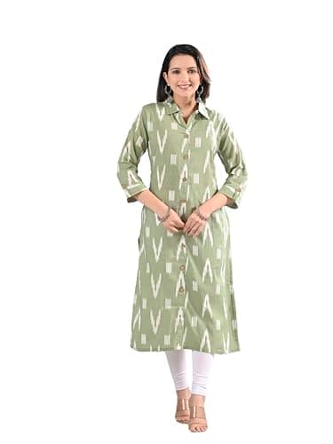 Meyali Indian Womens Printed Cotton Kurti Top | Straight Fit Collar Neck Kurta | 3/4 Sleeves Tunic Top | Casual Indian Kurti for Women - Honey Dew