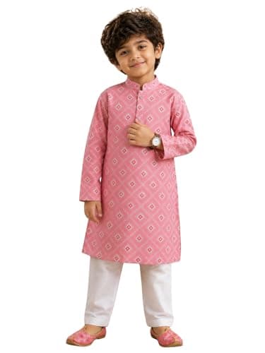 Superminis Baby Boys Silver Foil Printed Cotton Kurta, Round Collar, Full Sleeves With White Pyjama, Kurta Set (Pink, 18-24 Months)