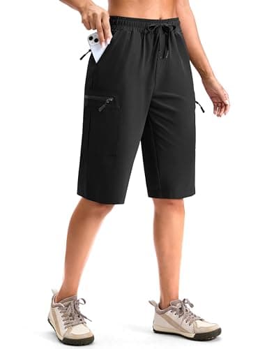 Viodia 13'' Womens Hiking Shorts Knee Length Cargo Bermuda Shorts for Women with Zipper Pockets Quick Dry Summer Short Black XL