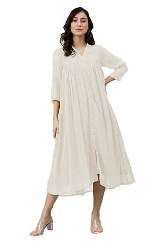 Janasya Indian Women's Chiffon Off White Self Design Casual Wear Kurta for Women