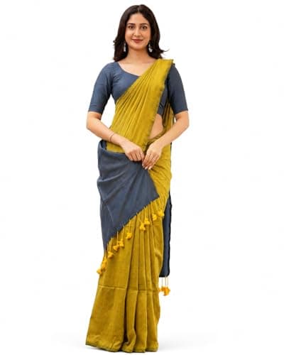 SAREEN Khadi Cotton Saree for Women | Soft Handwoven Khadi Saree with Tassels | Lightweight Traditional & Casual Wear Saree (Musturd Olive Yellow)