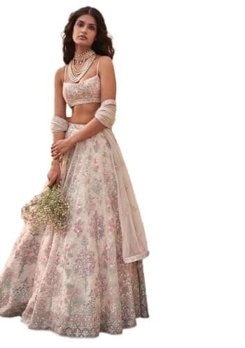 Indya Women's Cream Georgette Embroidered Lehenga Set, Strappy Sleeves, Sweetheart Neck, 3-Piece with Dupatta