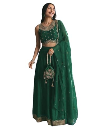 Indya Green Embroidered Blended Lehenga Choli for Wedding | Sleeveless | Crew Neck | Indian Ethnic Wear