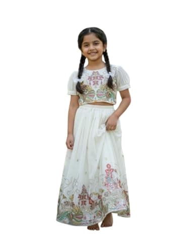 OQQTOO Kids indian Ethnic Wear Lehenga Choli for Girls With Dupatta|Girls Indian Outfit|Traditional & Festivel Wear. (white, 10-11 years)
