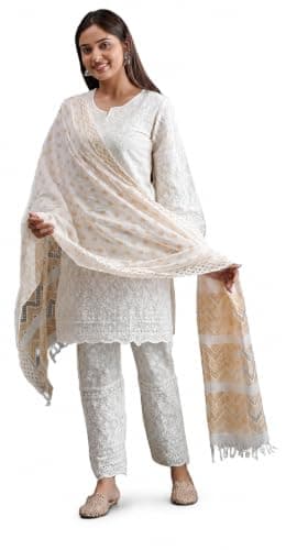 JAIPURIA THREADS Cream White Chikankari Kurtis for Women Pakistani Salwar Kameez Suit Set Indian Dresses Kurti Pant & Dupatta Set (Medium)