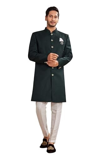 Lady Dwiza Indian Designer Wedding Festive Wear Solid Poly Viscose Blend Indo-Western Sherwani Pajama Set For Men