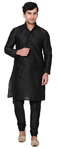 Men's Art Silk Kurta Pajama Set Wedding Dress Indian Clothing (Black, M)