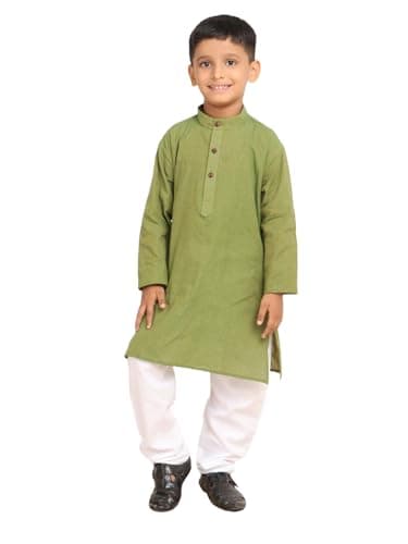 BABA AND BABY boys ethnic wear handloom cotton plain mehendi green colour kurta pajama set (Mehendi Green, 3-4 Years)