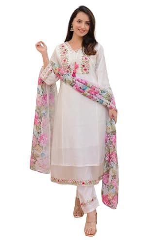 zomiconice Women's kurta set Viscose Silk Embroidery A-line Kurta Pant Salwar Suit Set Kurta Set for Women (US, Numeric, 40, Regular, Regular, Plus Girls, white)